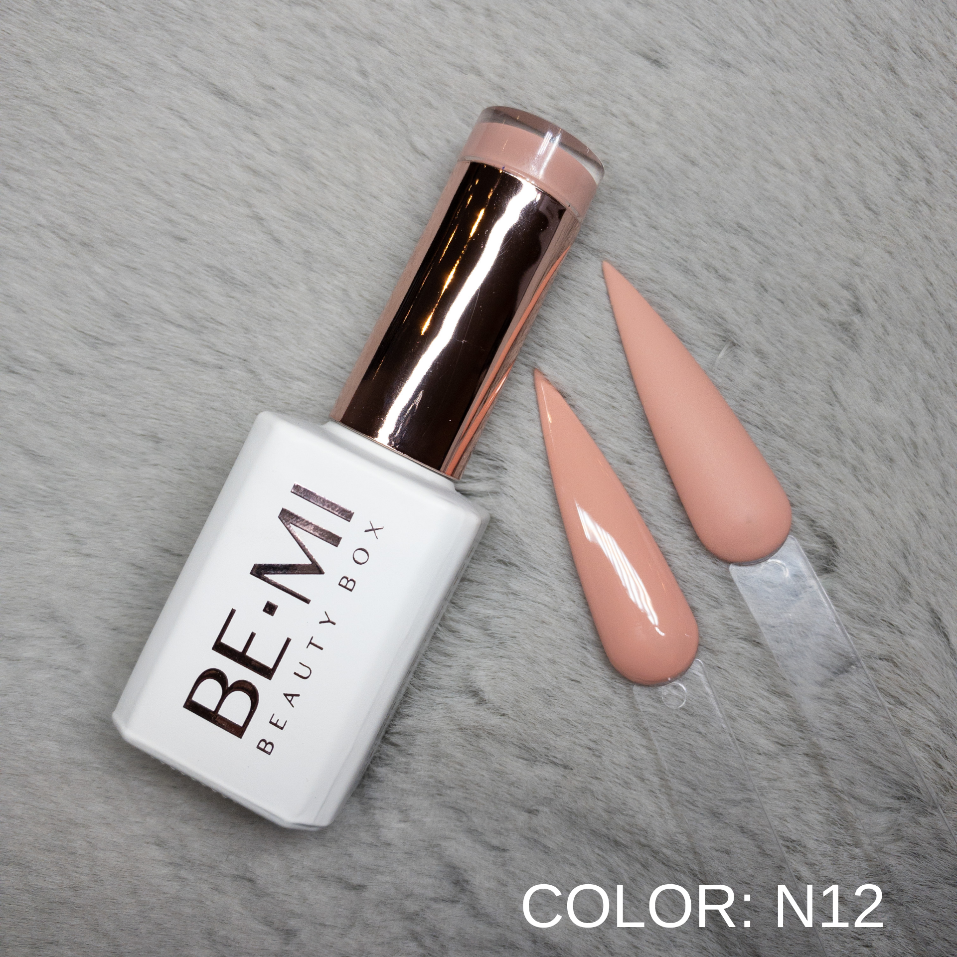 BEMI Creami N12 Gel Polish bottle and color swatch demonstrating full-coverage, self-leveling viscosity designed for professional, streak-free application.