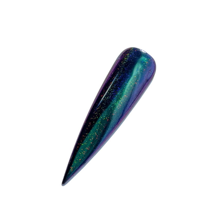 Finished manicured nails with a high-shine liquid metal effect using BEMI Chrome in Holo Oil Slick, burnished flawlessly over a gel base for professional nail artistry.