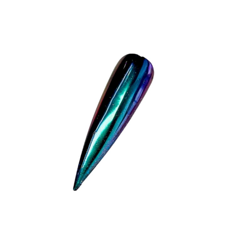 Finished manicured nails with a high-shine liquid metal effect using BEMI Chrome in Oil Slick, burnished flawlessly over a gel base for professional nail artistry.