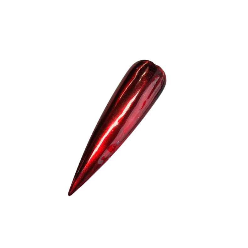 Finished manicured nails with a high-shine liquid metal effect using BEMI Chrome in Chroma Red, burnished flawlessly over a gel base for professional nail artistry.