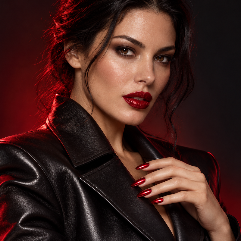 Reflective Chroma Red nails and red lips with dark hair and a black leather jacket