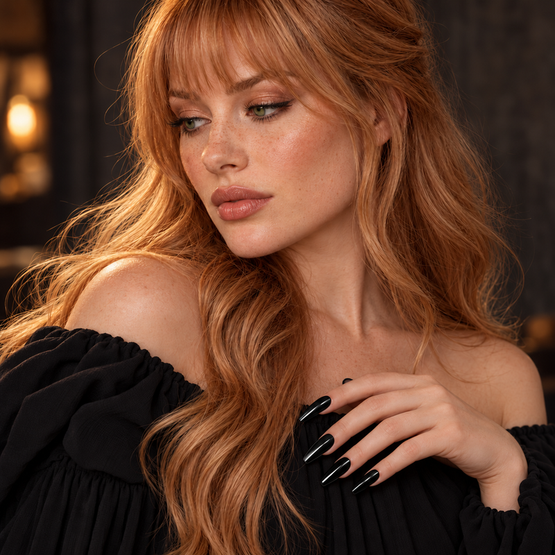 Glossy Blackout coffin nails beside a black off-shoulder blouse
