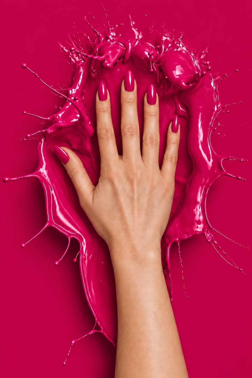Hand with glossy nails surrounded by a sculptural liquid splash and a matching solid background in Heartbreaker, BEMI O30.