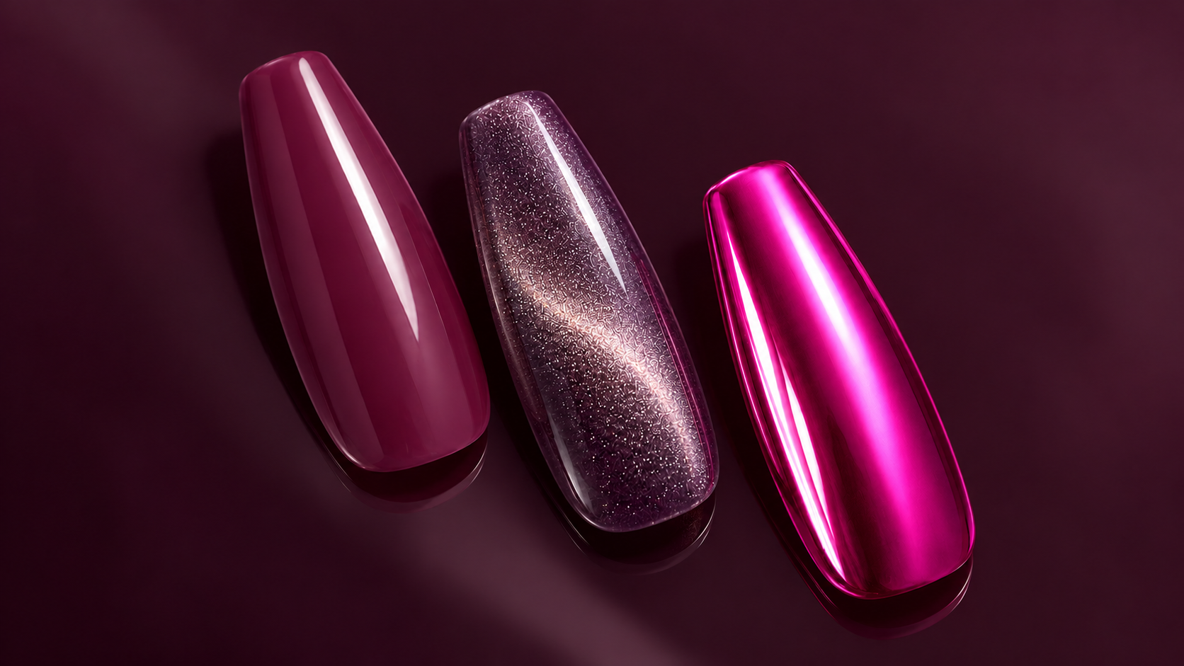 Three glossy nail tips: Sangria Creami gel, Skyler Cat Eye gel and Chroma Fuchsia chrome on dark plum glass