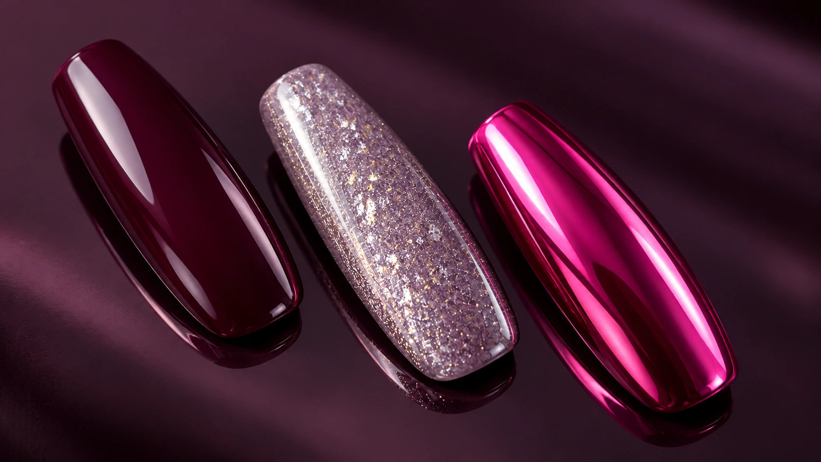 Three glossy nail tips: Sangria Creami gel, Lilac Metal Leaf gel and Chroma Fuchsia chrome on dark plum glass